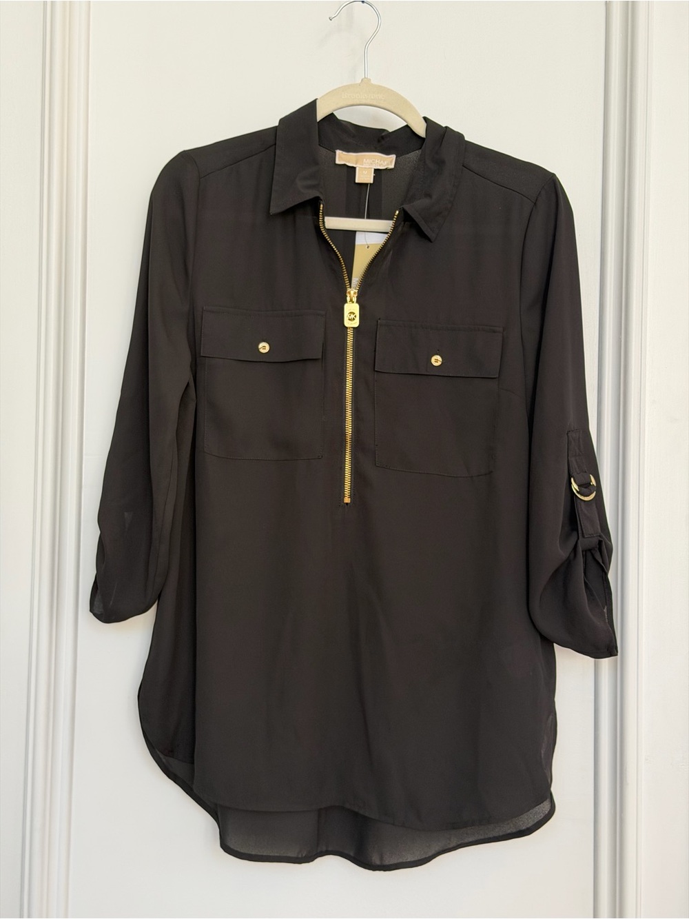 Michael Kors Black Zip-Pocket Utility Blouse with Gold Hardware Size Medium
